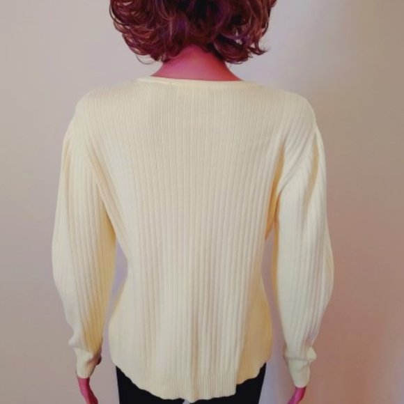 MADISON STUDIO SOFT YELLOW PUFF SLEEVE FEMININE BUTTON UP SWEATER SIZE M - Picture 4 of 9